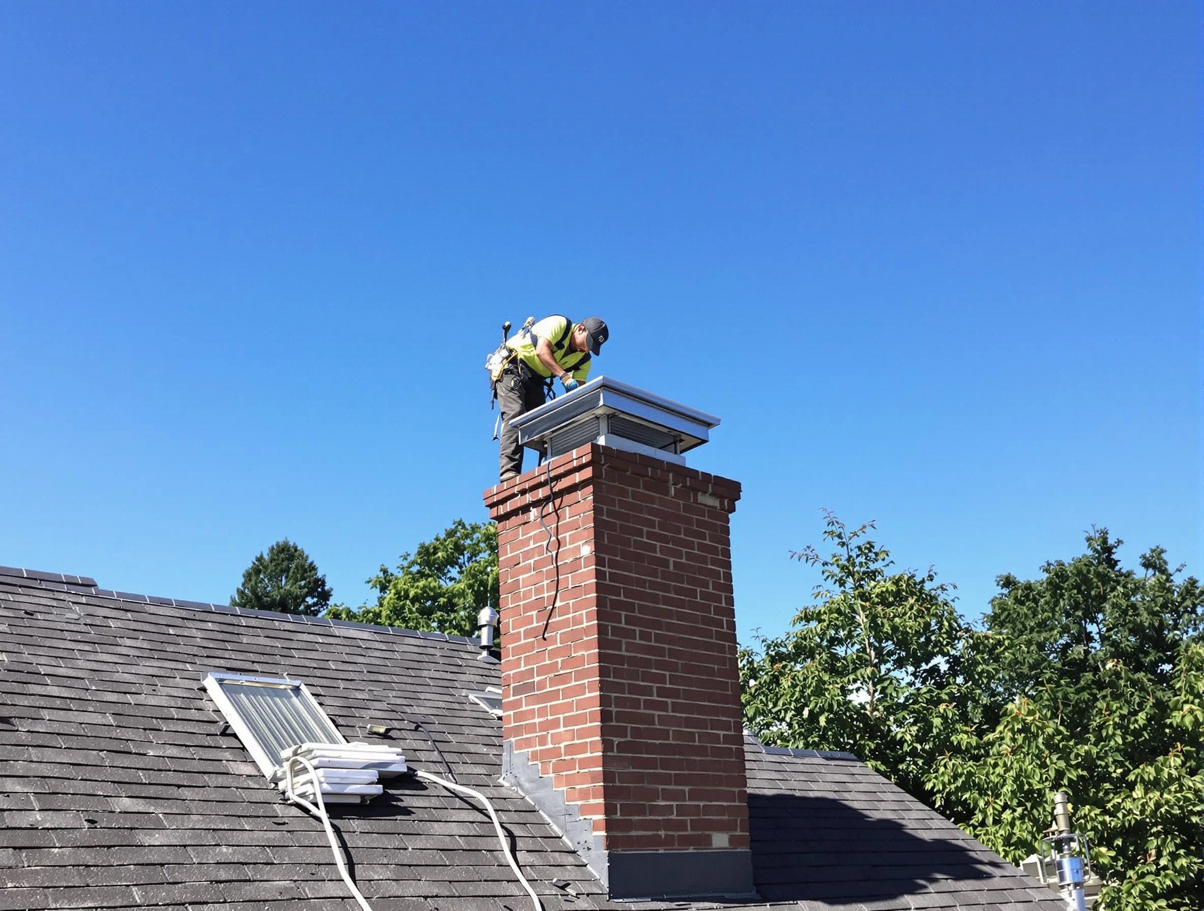Ramapo Chimney Sweep technician measuring a chimney cap in Ramapo, NY