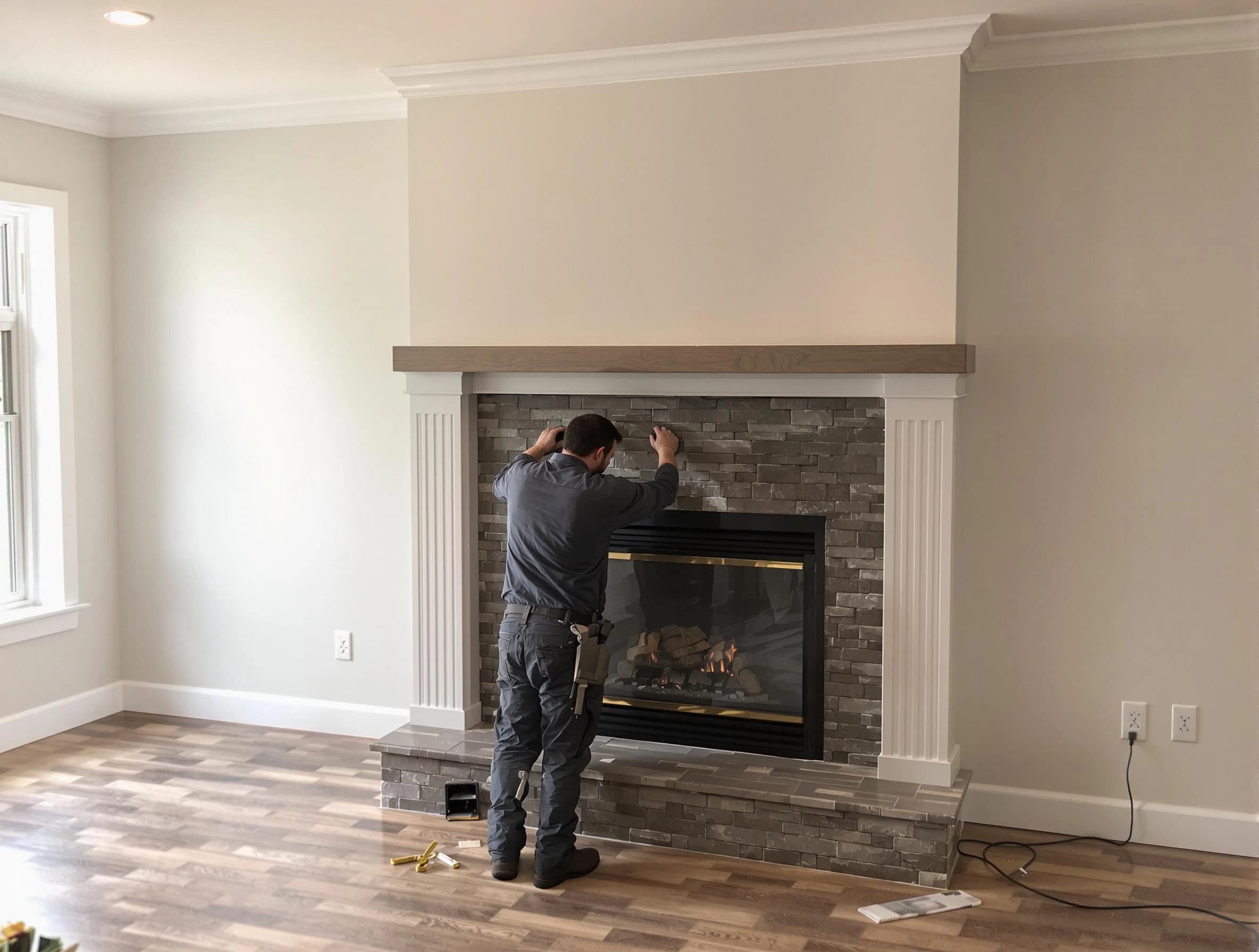 Ramapo Chimney Sweep finishing a custom fireplace install in Ramapo, NY
