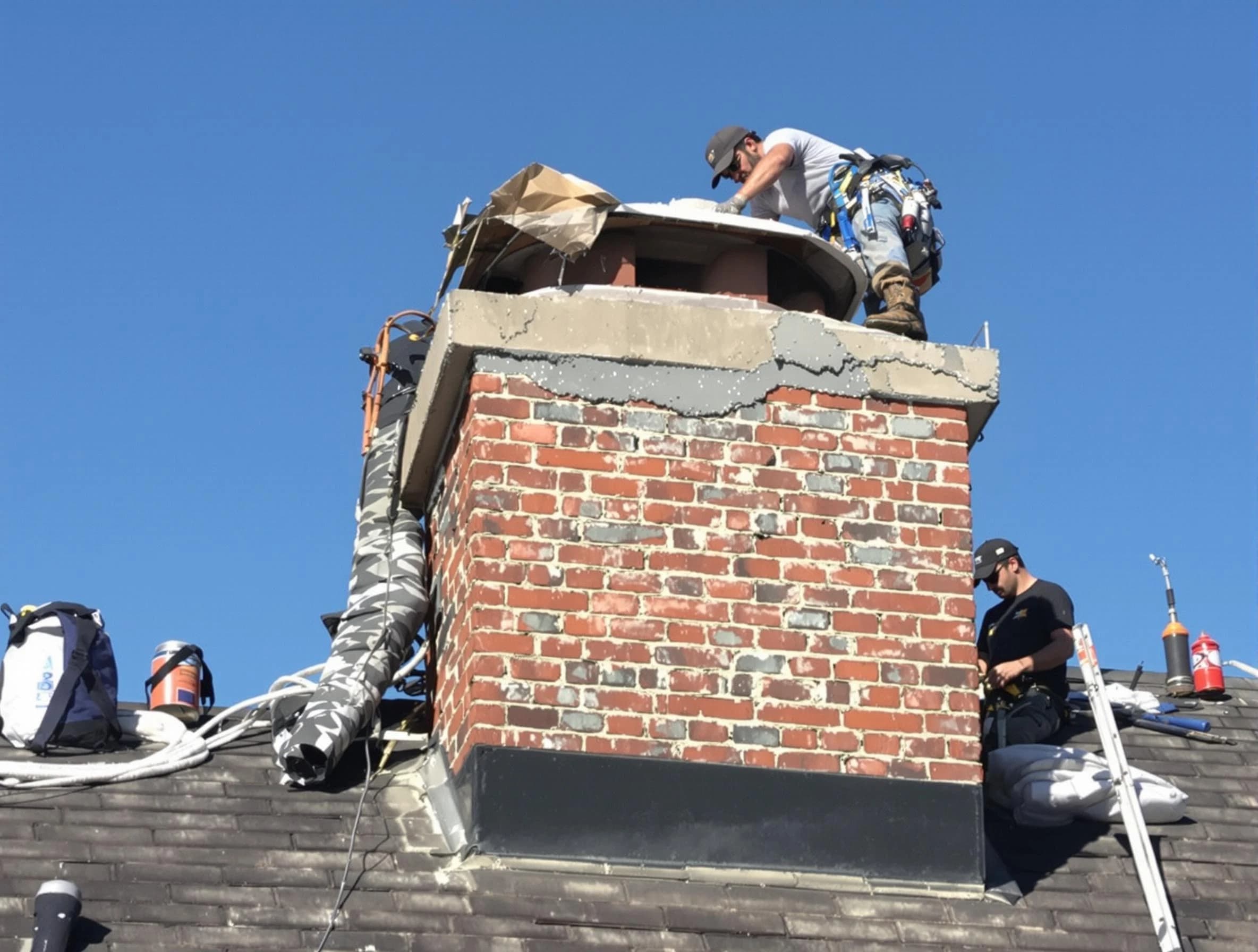Ramapo Chimney Sweep installing a custom chimney crown in Ramapo, NY