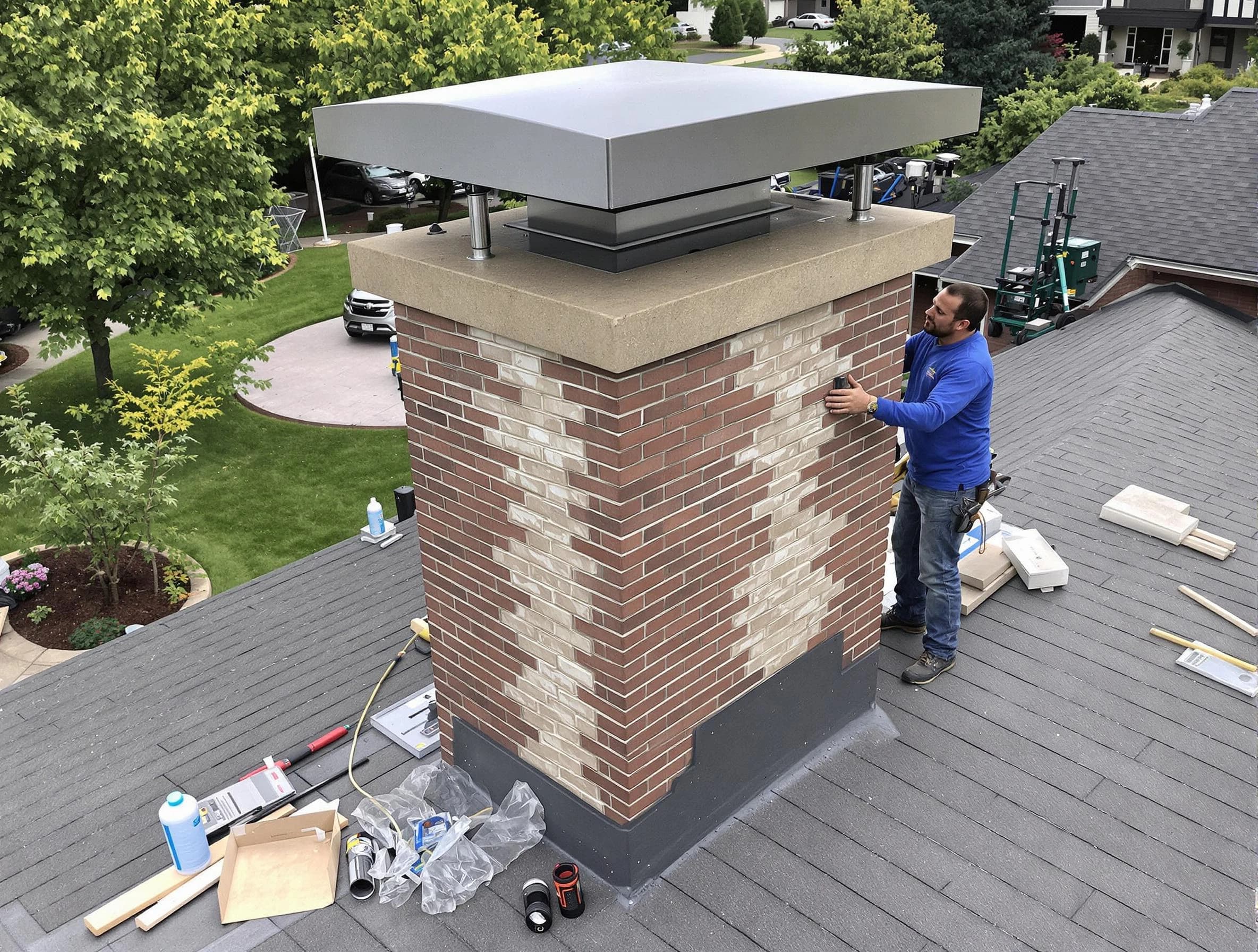 Ramapo Chimney Sweep team working on a custom chimney remodel in Ramapo, NY